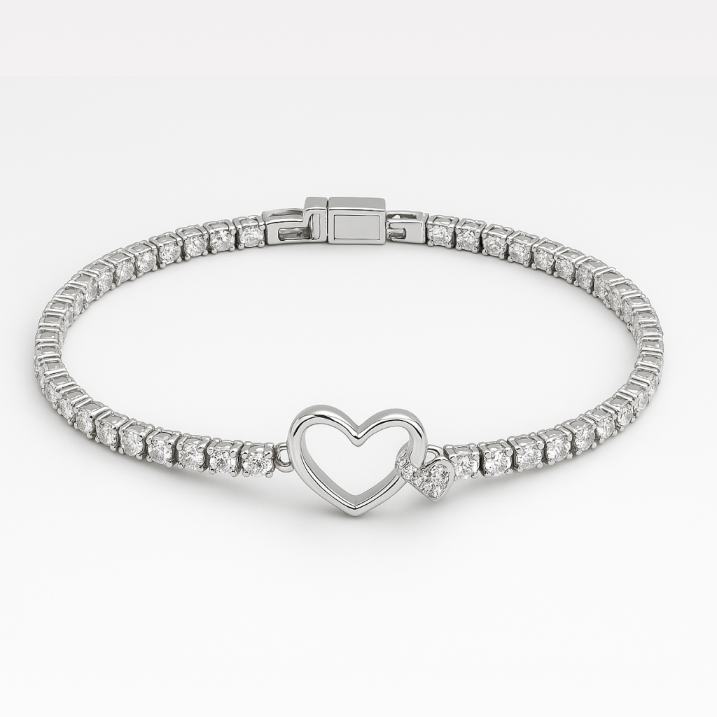 Pulseira Coração com Zircônias em Prata Brilhante(produto teste)